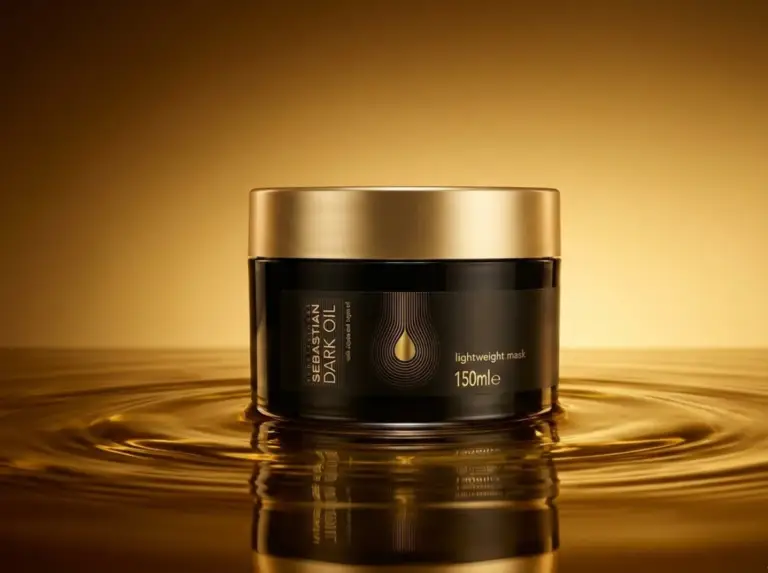 Banner de topo para artigo de resenha. Em destaque, o pote preto e dourado da Máscara de Nutrição Sebastian Dark Oil sobre um fundo com texturas de óleo dourado, ilustrando a nutrição profunda do produto.