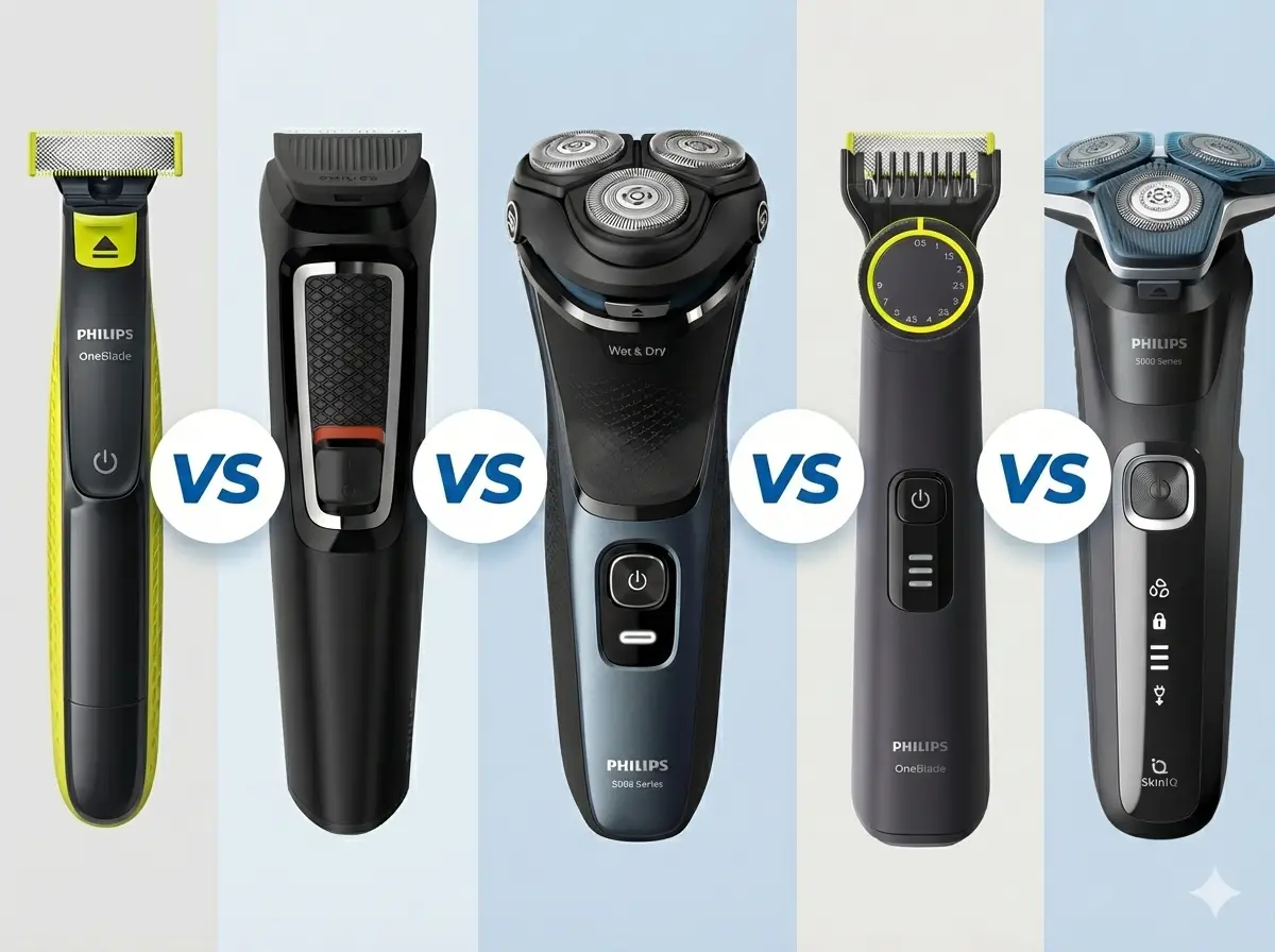 Comparativo visual dos 5 melhores Barbeadores Elétricos Philips de 2026 lado a lado: modelos OneBlade, Multigroom e Series.