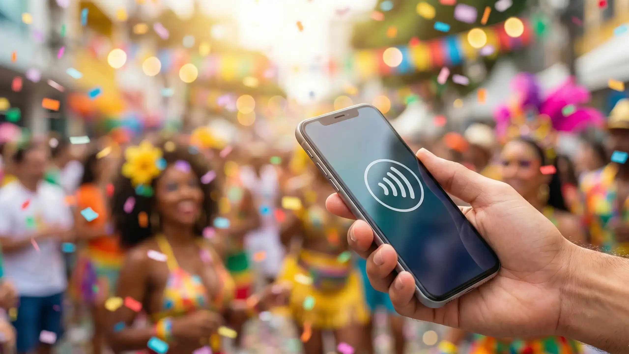 Mão segurando smartphone em meio a foliões e confetes no Carnaval de 2026, representando segurança digital.