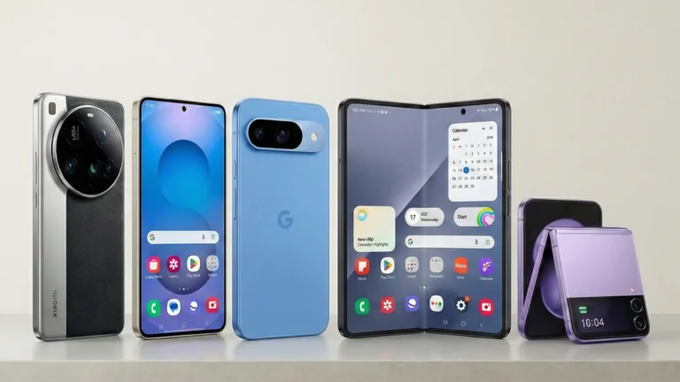 Melhores smartphones 2026 alinhados em uma bancada branca limpa. Da esquerda para a direita: um Xiaomi com grande módulo de câmera circular, um Samsung Galaxy com tela frontal, um Google Pixel azul, um celular dobrável estilo 'livro' aberto exibindo a tela interna e um modelo flip compacto na cor roxa.