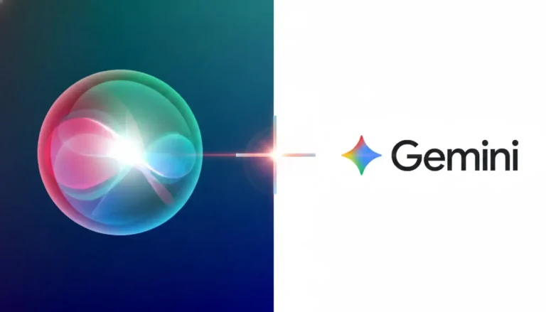 Interface dividida mostrando o ícone esférico colorido da Siri à esquerda em um fundo azul escuro e o logotipo da estrela e texto do Google Gemini à direita em um fundo branco, conectados por um símbolo de soma luminoso no centro.