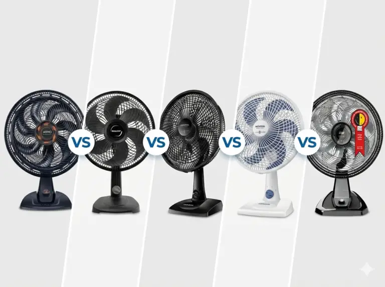 Banner de topo do artigo apresentando um comparativo visual entre cinco opções de ventiladores bons e baratos das marcas Arno, Mallory, Mondial e WAP, dispostos lado a lado com ícones 'VS', ilustrando a escolha de ventiladores baratos de qualidade.
