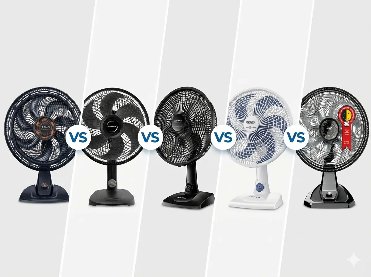 Banner de topo do artigo apresentando um comparativo visual entre cinco opções de ventiladores bons e baratos das marcas Arno, Mallory, Mondial e WAP, dispostos lado a lado com ícones 'VS', ilustrando a escolha de ventiladores baratos de qualidade.