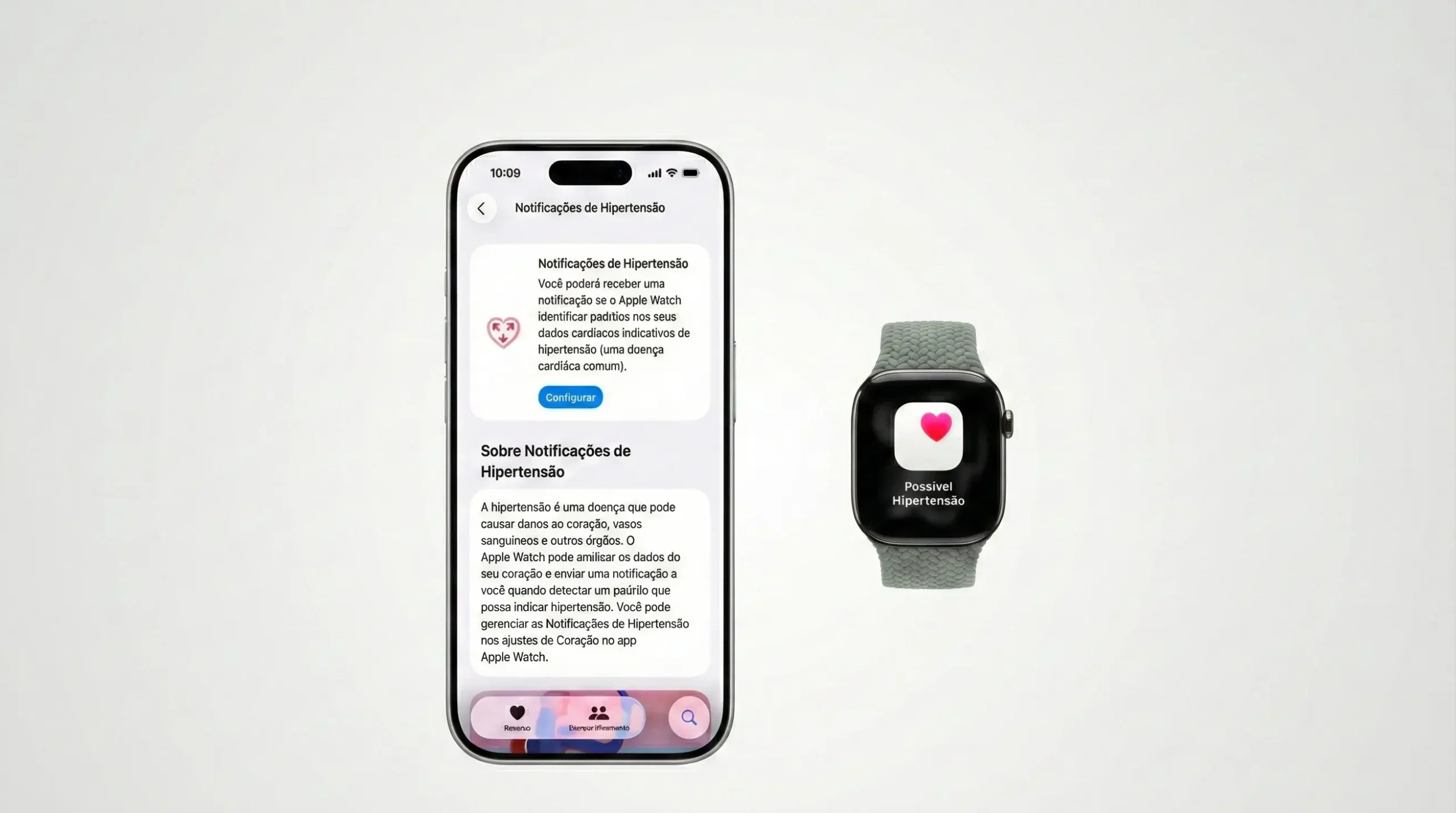 Interface do Apple Watch exibindo um ícone de coração e a notificação de 'Possível Hipertensão', ao lado de um iPhone mostrando a tela de configuração do recurso no aplicativo Saúde.