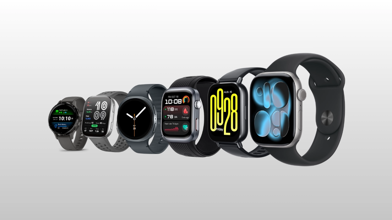 Seleção dos melhores smartwatches de 2026 exibidos em linha, incluindo modelos da Apple, Samsung, Garmin e Xiaomi, mostrando diferentes designs de visores redondos e quadrados em tons de cinza e preto.
