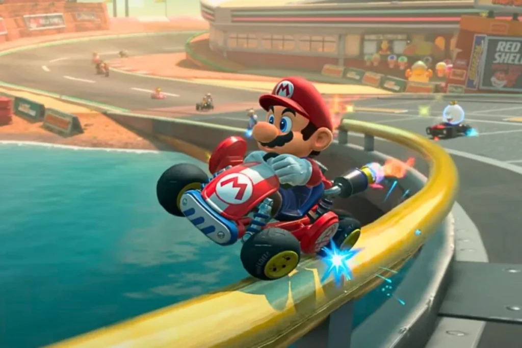 Personagem Mario pilotando um kart em alta velocidade numa curva da pista no jogo Mario Kart 8 Deluxe para Nintendo Switch, com faíscas azuis indicando um drift.