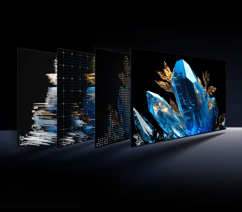 Uma visão desconstruída em camadas de uma TV TCL C6K QD-Mini LED, flutuando em um fundo escuro com gradiente azul. Da esquerda para a direita, quatro painéis mostram a progressão tecnológica: primeiro, uma estrutura complexa de barras de luz horizontais em branco e azul (retroiluminação Mini LED desconstruída); segundo, uma grade de controle de luz pontual com pontos brancos e alguns coloridos; terceiro, uma matriz de difusão de micro-pontos de alta densidade; e quarto, a tela de exibição final e mais detalhada, exibindo uma imagem vibrante e nítida de grandes cristais azuis facetados e folhagem dourada orgânica. A progressão ilustra a tecnologia QD-Mini LED e seu controle preciso de luz.