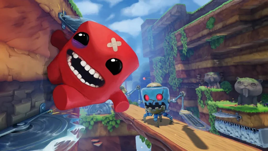 Personagem vermelho de Super Meat Boy 3D pulando na parede para desviar de uma serra circular e de um robô inimigo. Ilustração de opções de jogos no console após o aumento de preço do PS5.