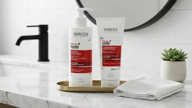 Frascos do Kit Vichy Dercos Antiqueda Energy+ com shampoo e condicionador apoiados sobre uma bancada de mármore claro em um banheiro elegante e minimalista.