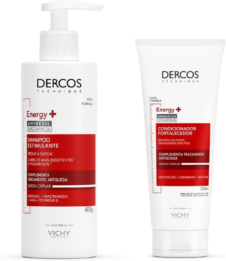 Embalagens do Kit Vichy Dercos Antiqueda Energy+ lado a lado em fundo branco, mostrando o frasco pump do shampoo de 400g e a bisnaga do condicionador de 200ml.