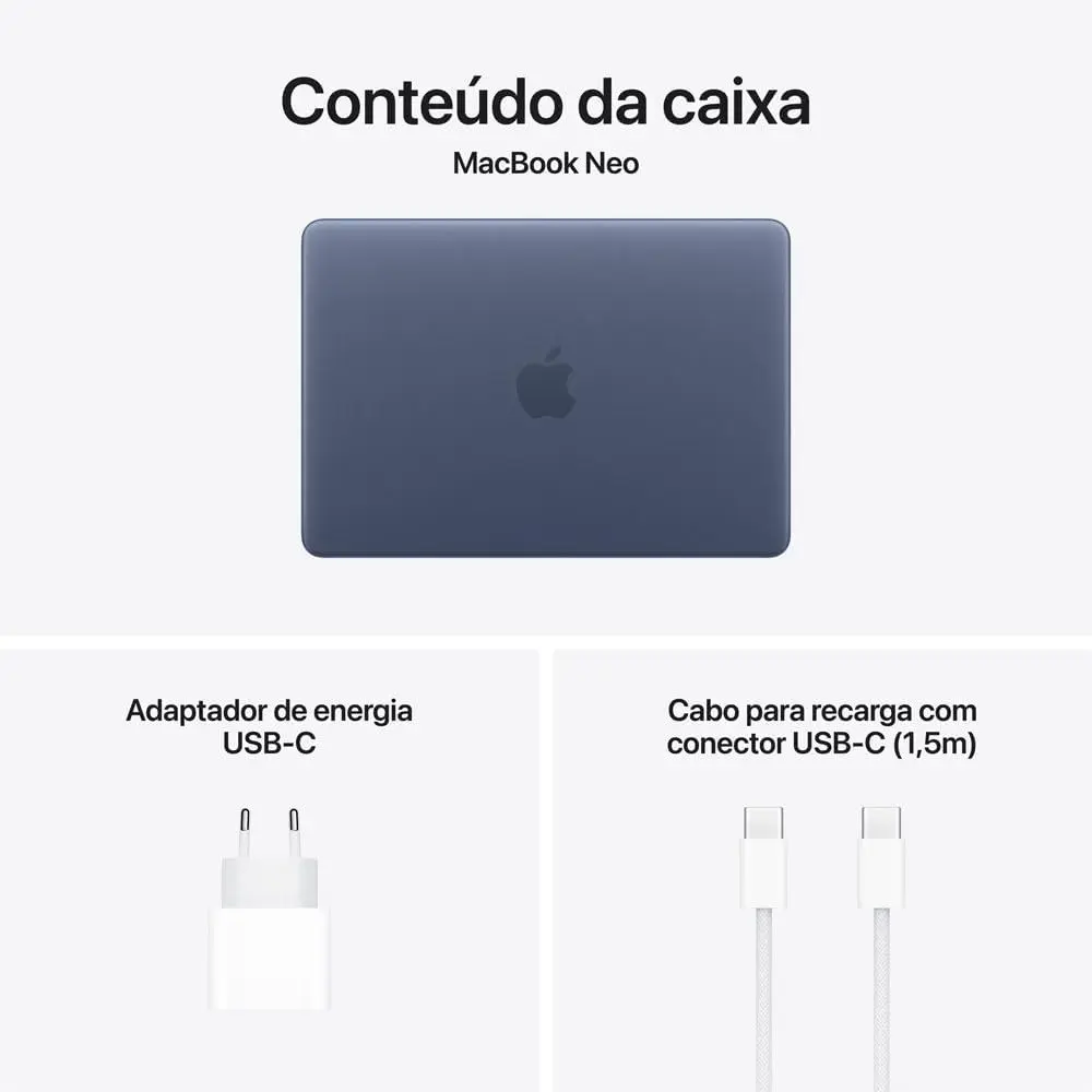 Quatro notebooks MacBook Neo dispostos em formato de leque exibindo as cores prateado, blush, amarelo-cítrico e índigo com teclados combinando.