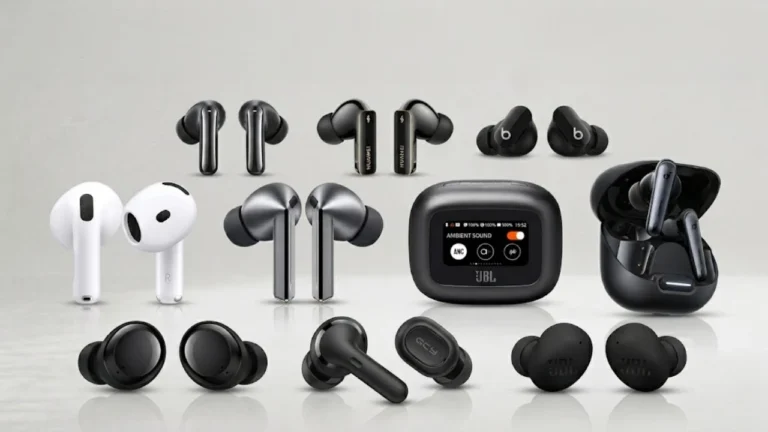 Banner exibindo uma vitrine com 10 modelos premium de fones Bluetooth de marcas como Apple, Samsung, JBL e Huawei sobre um fundo cinza claro, ilustrando o guia para escolher o melhor fone de ouvido sem fio de 2026.