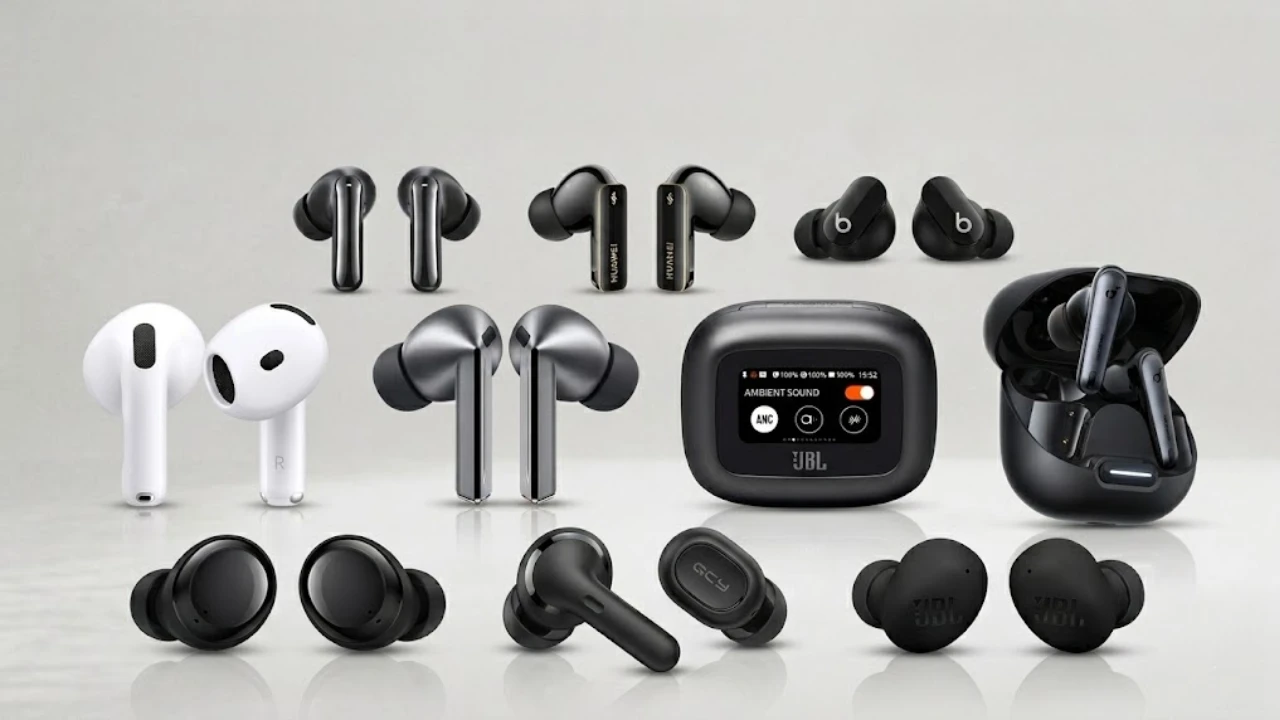 Banner exibindo uma vitrine com 10 modelos premium de fones Bluetooth de marcas como Apple, Samsung, JBL e Huawei sobre um fundo cinza claro, ilustrando o guia para escolher o melhor fone de ouvido sem fio de 2026.