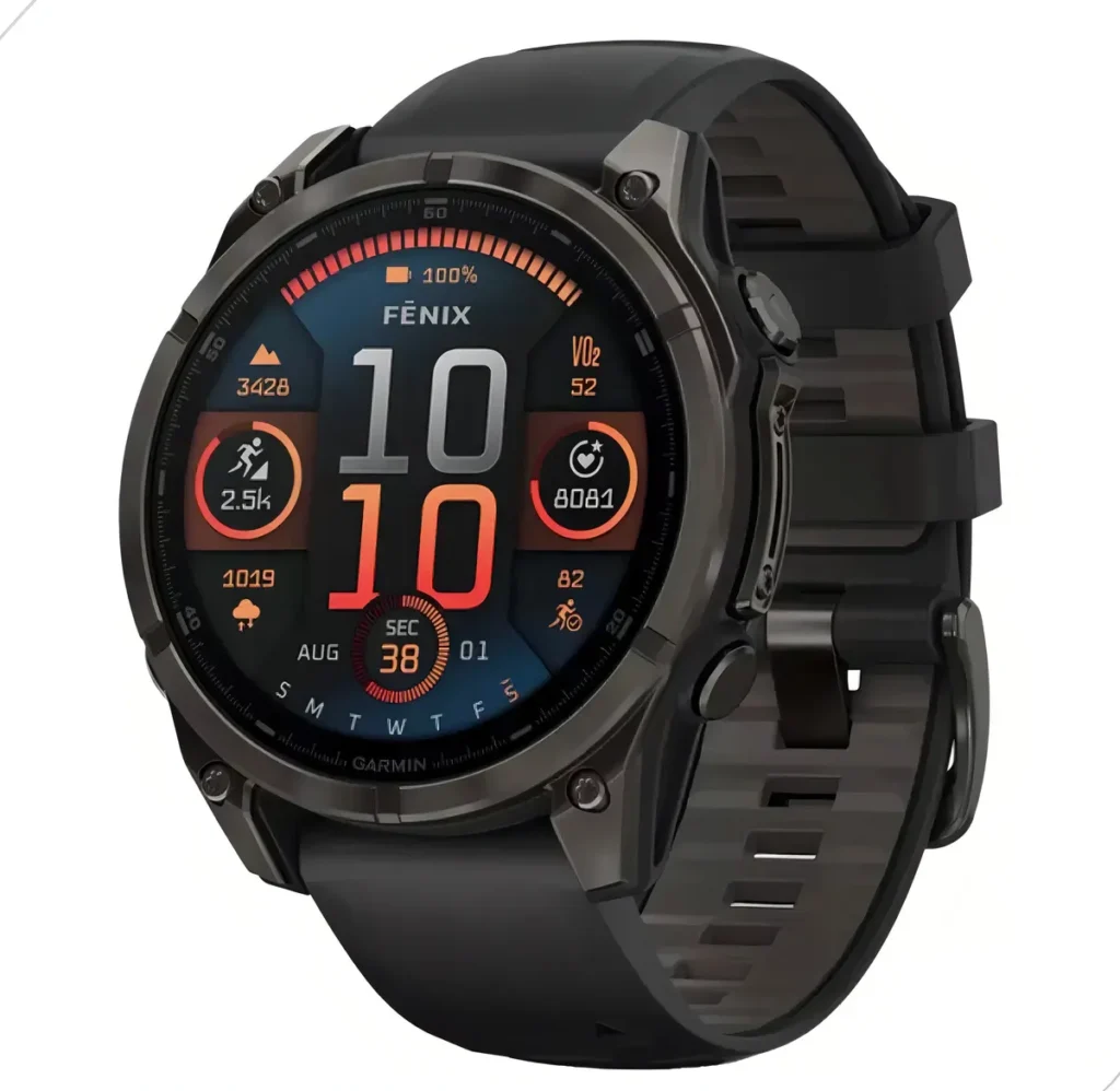 Relógio premium smartwatch Garmin Fenix 8 na cor chumbo com pulseira de silicone, exibindo a tela digital com o horário 10:10 e métricas de desempenho em detalhes laranjas.
