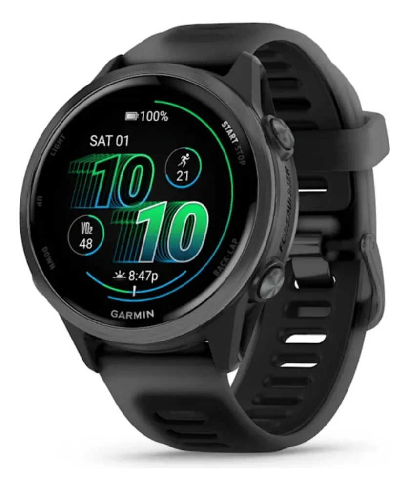 Relógio esportivo smartwatch Garmin Forerunner 570 na cor preta com pulseira de silicone, exibindo tela digital com o horário 10:10 em números estilizados nas cores verde e azul.