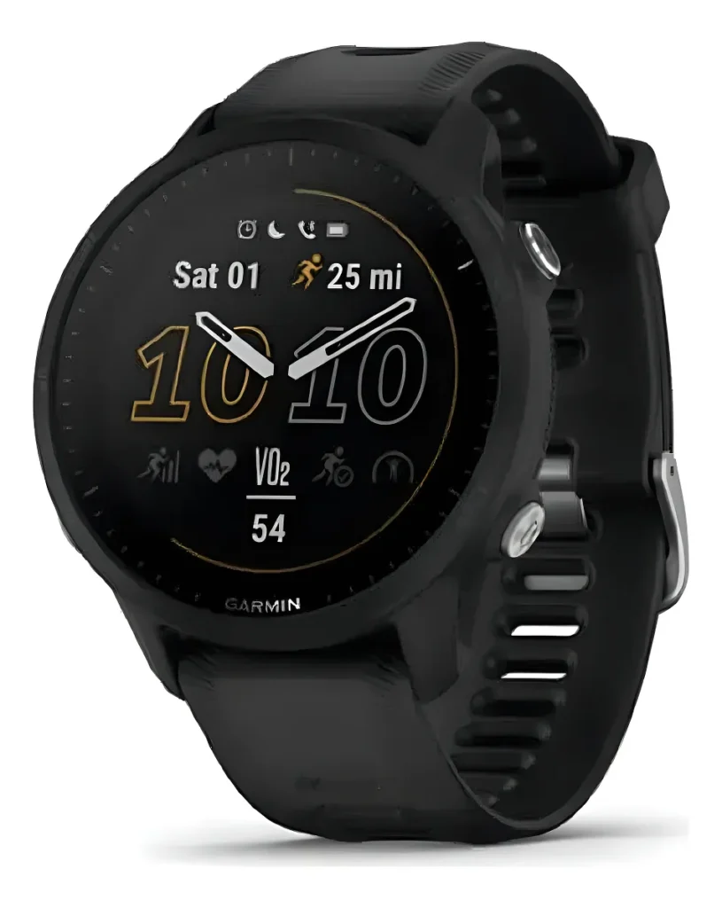 Relógio esportivo smartwatch Garmin Forerunner 955 na cor preta, com pulseira de silicone e tela digital marcando 10:10 em um fundo branco.