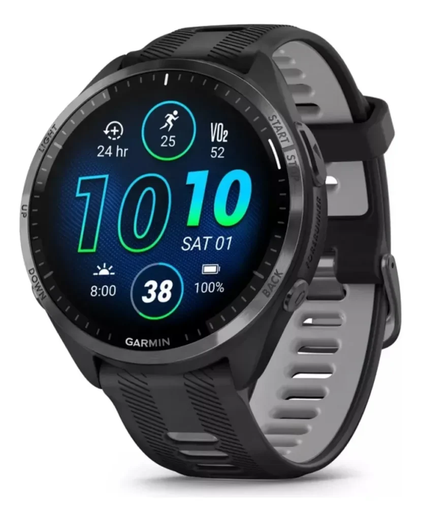 Relógio esportivo smartwatch Garmin Forerunner 965 na cor preta com interior da pulseira em cinza, exibindo a tela digital com o horário 10:10 em gradiente azul e verde.