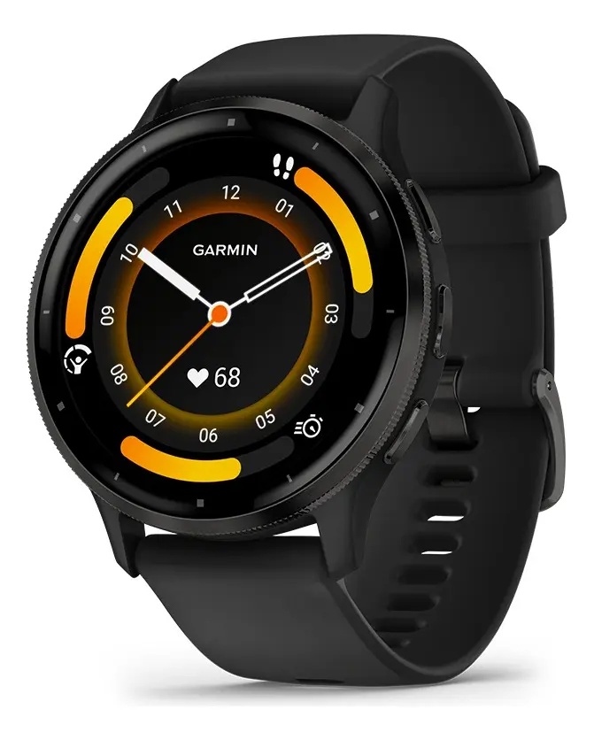 Smartwatch Garmin Venu 3 preto com pulseira de silicone, tela redonda exibindo um mostrador analógico com ponteiros, detalhes em laranja e marcador de frequência cardíaca.
