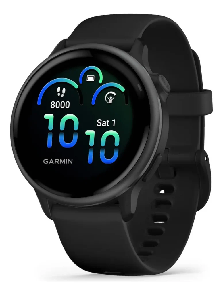 Smartwatch Garmin Vívoactive 6 na cor preta com pulseira de silicone, exibindo uma tela redonda com o horário 10:10 em gradiente azul e verde e mostradores de atividade.
