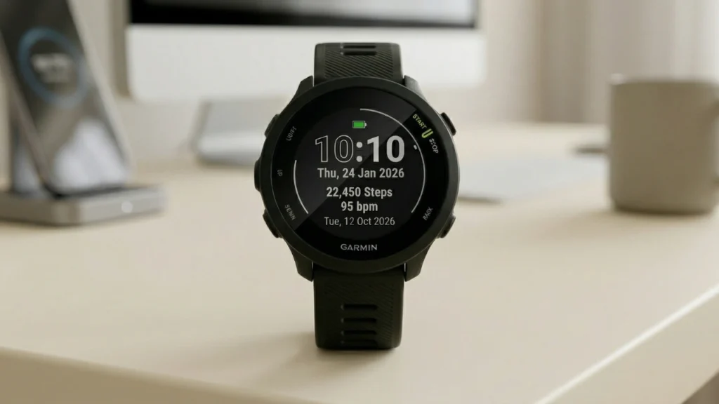 Relógio esportivo preto Garmin em pé sobre uma mesa clara, com o fundo desfocado mostrando um monitor, um celular e uma xícara, ilustrando o artigo que analisa se o Garmin Forerunner 55 vale a pena em 2026.