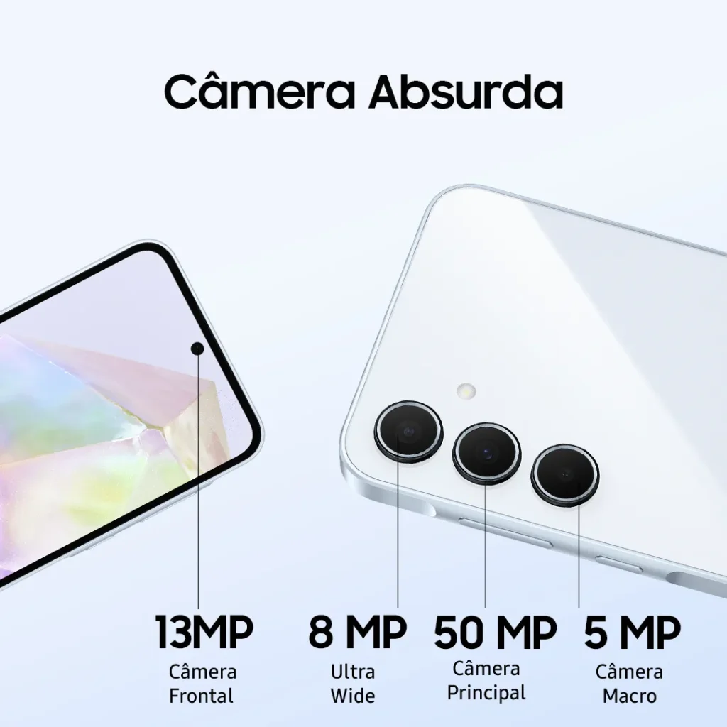 Infográfico ilustrando as especificações das câmeras do Samsung Galaxy A35. A imagem destaca a câmera frontal de 13 MP e o módulo traseiro com as lentes Ultra Wide de 8 MP, Principal de 50 MP e Macro de 5 MP.