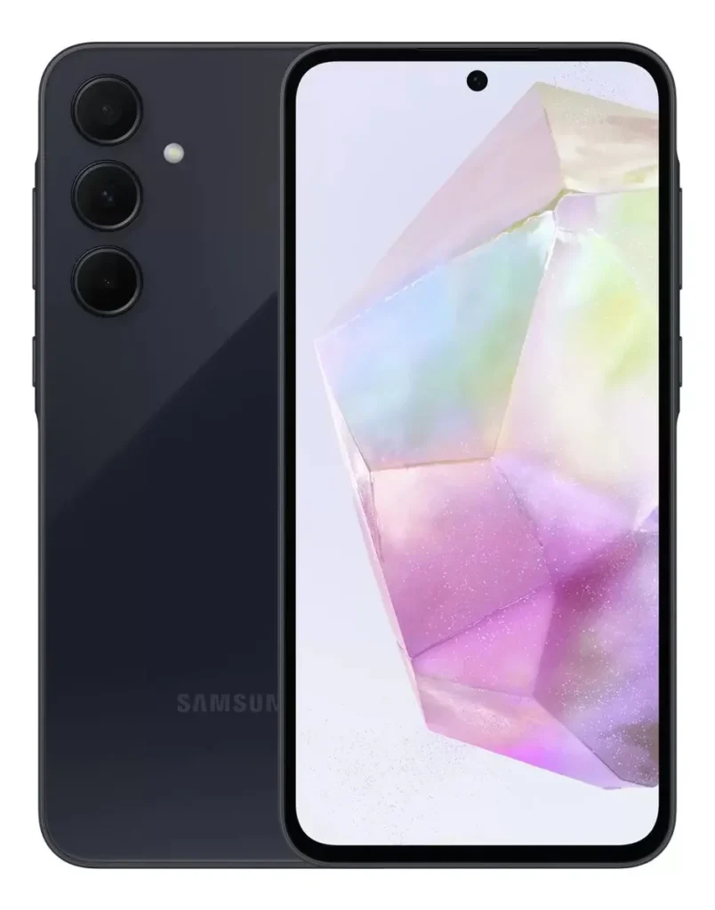 Visão frontal e traseira do smartphone Samsung Galaxy A35 na cor azul escuro, destacando o acabamento premium, a tela com bordas finas e o conjunto triplo de câmeras.