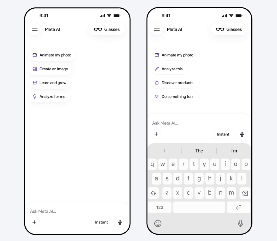 Capturas de tela de dois smartphones mostrando a interface do aplicativo Meta AI no momento em que a Meta lança Muse Spark. As telas exibem opções de comandos rápidos como "Animar minha foto", "Criar uma imagem" e "Descobrir produtos", além de destacar um botão de conexão com óculos inteligentes ("Glasses") no topo e a barra de pesquisa com o modo rápido "Instant" (Instantâneo) ativado.