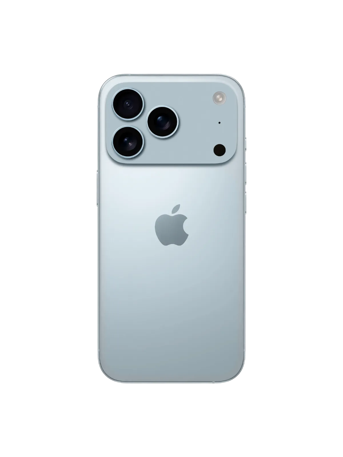 Vista traseira de um smartphone conceitual do iPhone em azul-claro fosco, mostrando o conjunto de câmera Pro com três lentes, flash e logotipo da Apple, isolado em um fundo branco.