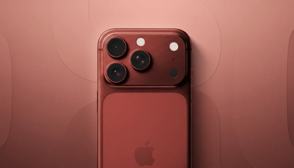 Vista traseira de um smartphone conceitual iPhone 18 Pro em uma rica e polida cor Borgonha 'Deep Red', com um conjunto de câmera Pro de lente tripla e o logotipo da Apple. O fundo texturizado e ondulado apresenta uma sutil linha de texto na parte inferior: Imagem: Reprodução / Discussão no Reddit.