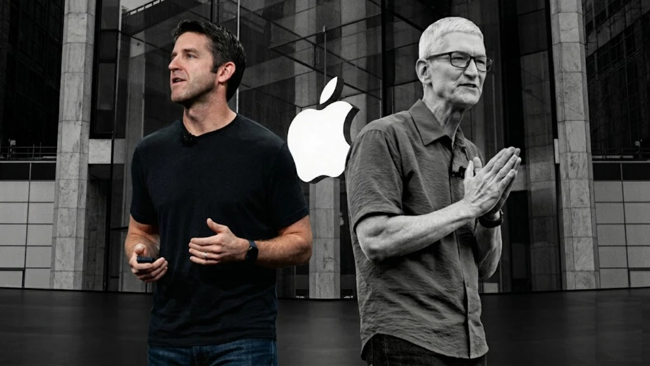 John Ternus em cores à esquerda, enquanto Tim Cook, atual CEO da Apple, e o fundo com o logotipo da empresa aparecem em preto e branco à direita.