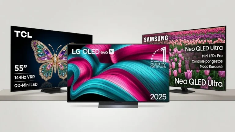 Uma composição dinâmica e em cascata de dez Smart TVs modernas, cada uma exibindo seu conteúdo de tela exclusivo e logotipos de fabricantes (LG, Samsung, TCL, Philips, Hisense) contra um fundo cinza claro neutro. Os modelos incluem a TCL 55C6K QD-MiniLED com a borboleta de joias, a LG OLED Evo AI com ondas coloridas, a Samsung Neo QLED Ultra com o campo de flores, e várias outras com temas de futebol, especificações técnicas e logotipos de marcas. A imagem forma uma pilha visualmente rica para um banner de guia de compras.