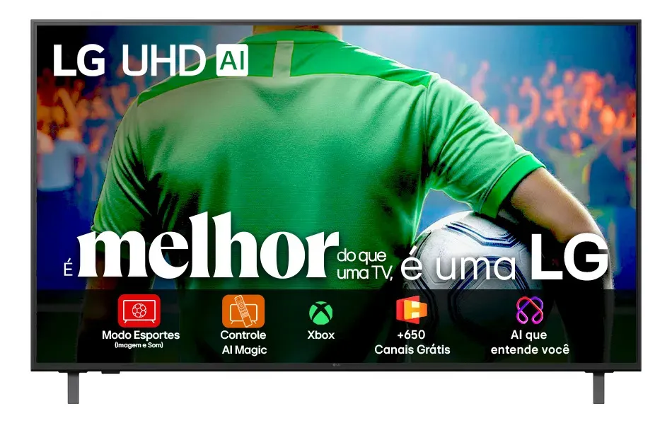 Smart TV LG 50UA85, excelente opção de custo-benefício entre as melhores TVs para a Copa do mundo 2026, exibindo na tela um jogador de futebol segurando uma bola em um estádio. A imagem destaca a frase 'é melhor do que uma TV, é uma LG' e ícones de recursos como Modo Esportes, Controle AI Magic, Xbox e canais grátis.