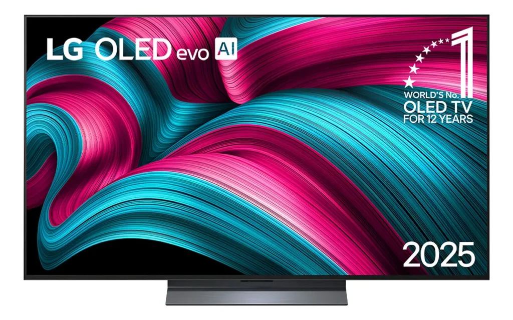 Smart TV LG OLED Evo C5, considerada uma das Melhores TVs para a Copa do mundo 2026, vista de frente exibindo ondas coloridas vibrantes em azul e rosa. A tela exibe selos destacando a tecnologia de Inteligência Artificial e a liderança mundial da marca em TVs OLED.