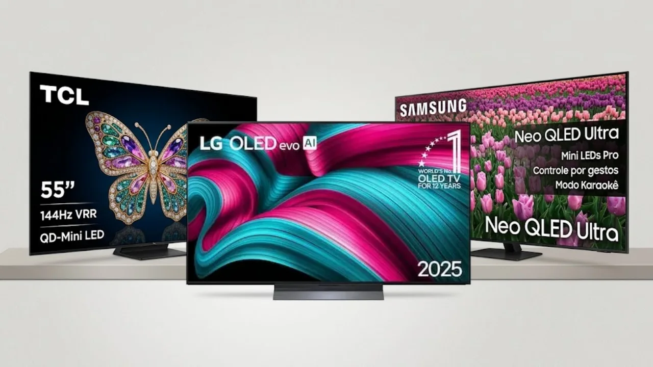 Uma composição dinâmica e em cascata de dez Smart TVs modernas, cada uma exibindo seu conteúdo de tela exclusivo e logotipos de fabricantes (LG, Samsung, TCL, Philips, Hisense) contra um fundo cinza claro neutro. Os modelos incluem a TCL 55C6K QD-MiniLED com a borboleta de joias, a LG OLED Evo AI com ondas coloridas, a Samsung Neo QLED Ultra com o campo de flores, e várias outras com temas de futebol, especificações técnicas e logotipos de marcas. A imagem forma uma pilha visualmente rica para um banner de guia de compras.