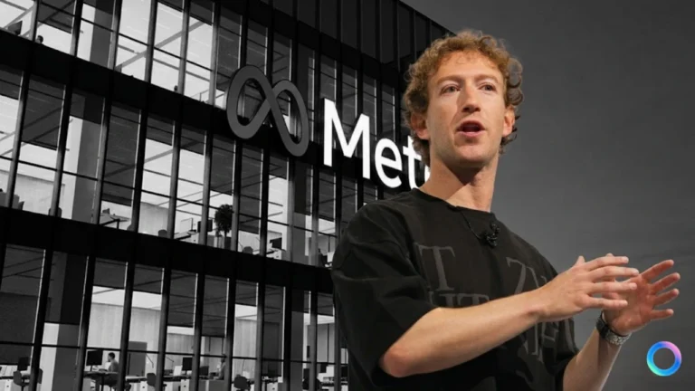 Mark Zuckerberg discursando em primeiro plano colorido, com o prédio da sede em preto e branco ao fundo, ilustrando o momento em que a Meta lança Muse Spark para o mercado (Imagem: Compra Lógica)