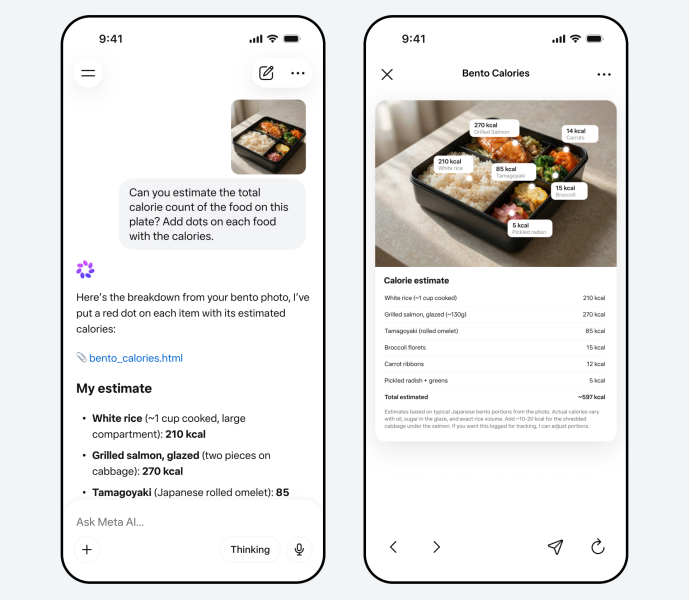 Dois smartphones demonstram a funcionalidade da nova IA, onde o Meta lança Muse Spark para estimar calorias de um bento box de salmão. A imagem da esquerda mostra a conversa no chat com a solicitação do usuário e a resposta da IA; a da direita exibe a foto com pontos de dados sobrepostos para cada item (ex: salmão 270 kcal) e uma tabela detalhada de estimativa de calorias por alimento (total ~597 kcal).