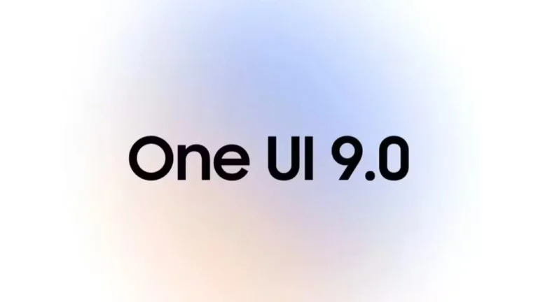 Uma imagem de fundo suave com um gradiente de lavanda e pêssego pálido. No centro, o texto "One UI 9.0" está escrito em fonte preta limpa, representando o anúncio da One UI 9 e Android 17.
