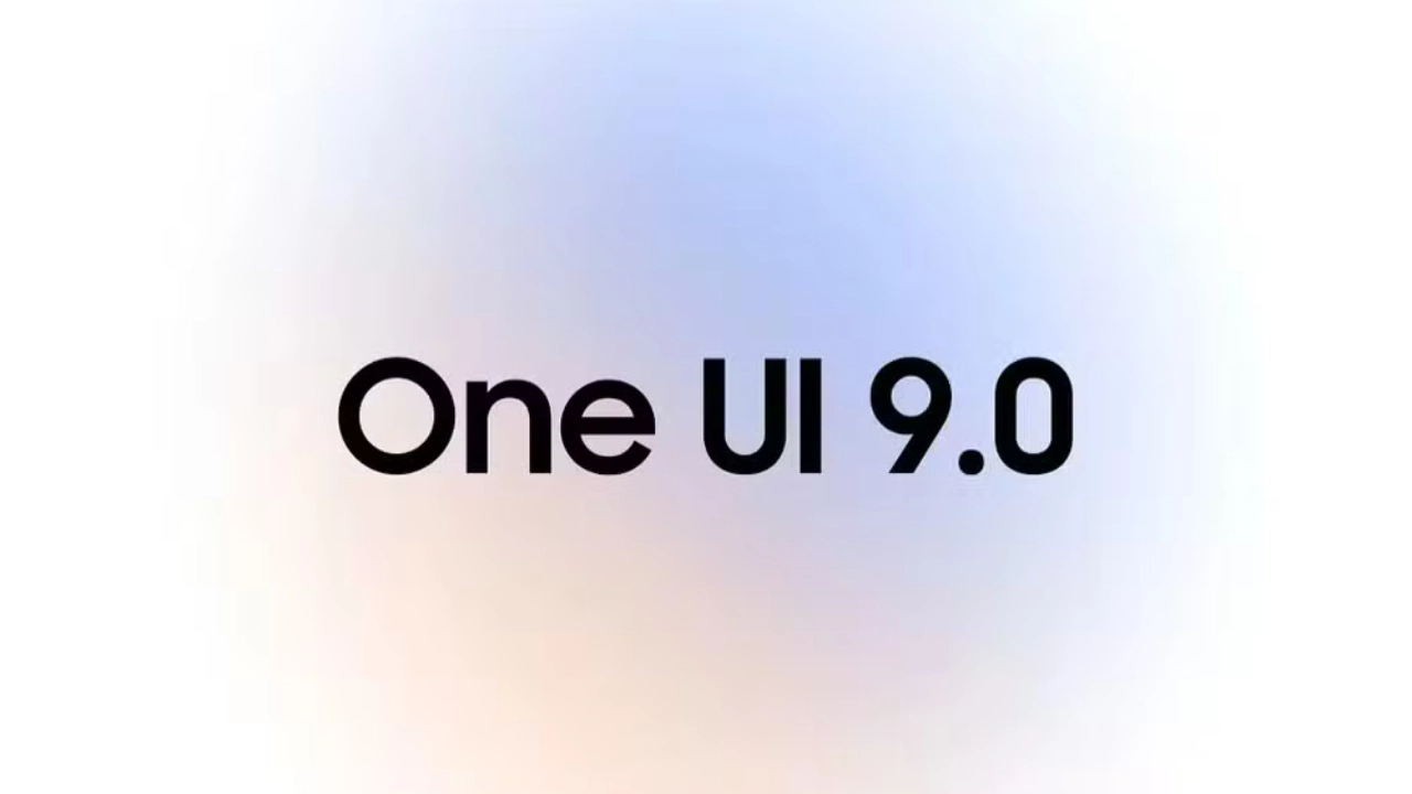 Uma imagem de fundo suave com um gradiente de lavanda e pêssego pálido. No centro, o texto "One UI 9.0" está escrito em fonte preta limpa, representando o anúncio da One UI 9 e Android 17.