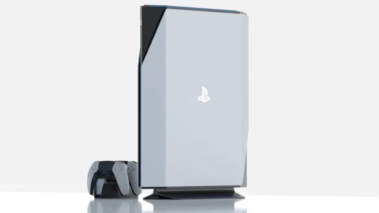 Design conceitual de como pode ser o PlayStation 6 100% digital, mostrando o console branco na vertical ao lado de dois controles.