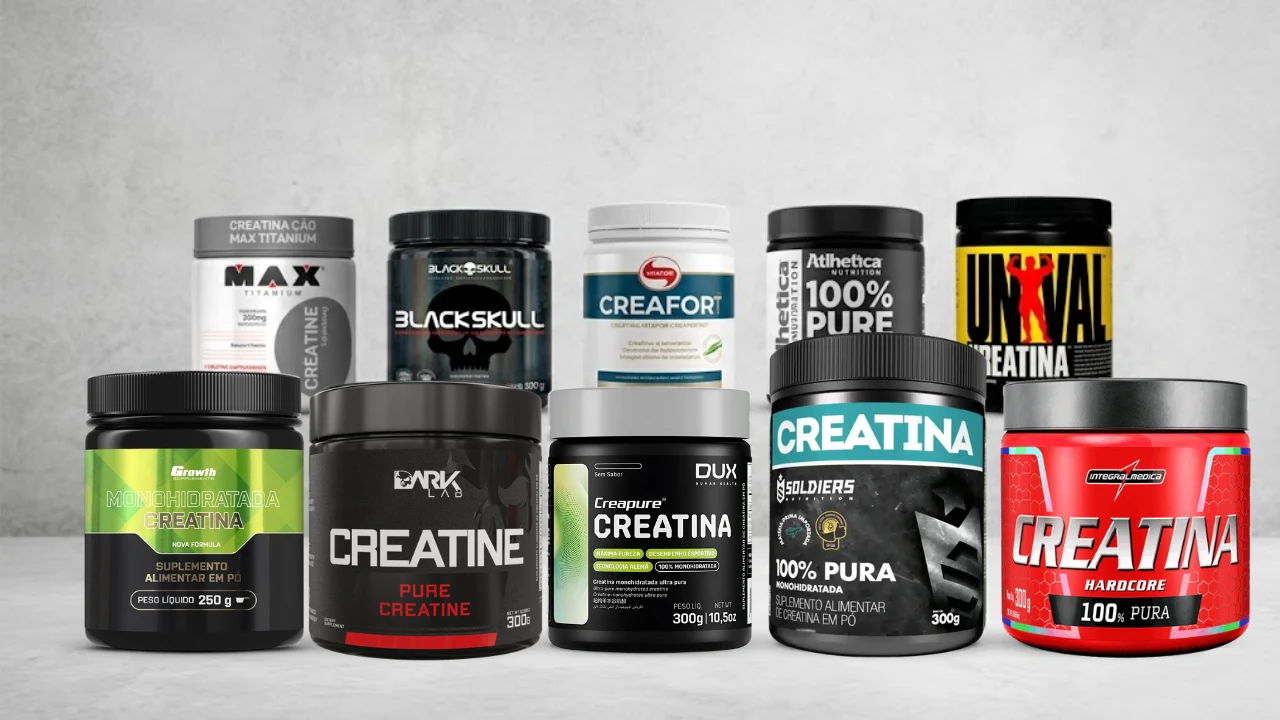 Uma tabela comparativa visual com 10 potes de creatina de marcas como Growth Supplements, Integralmédica, Max Titanium e Universal Nutrition, projetada para ajudar você a decidir qual é a melhor creatina para ganhar massa muscular.