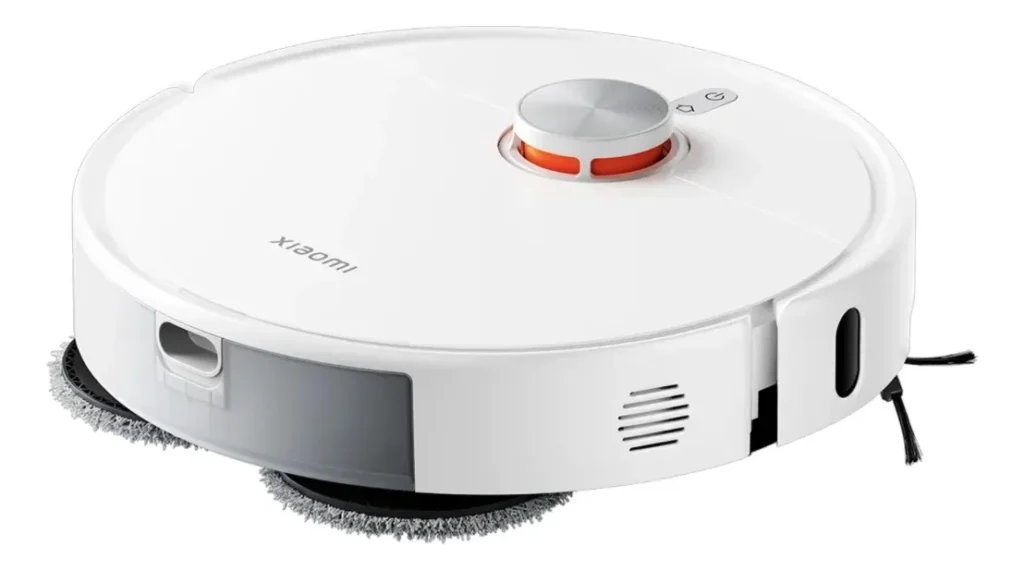Imagem em fundo branco destacando o design circular do robô aspirador xiaomi, mostrando a torre do sensor a laser no topo, a escova lateral rotativa e os esfregões de limpeza na base.