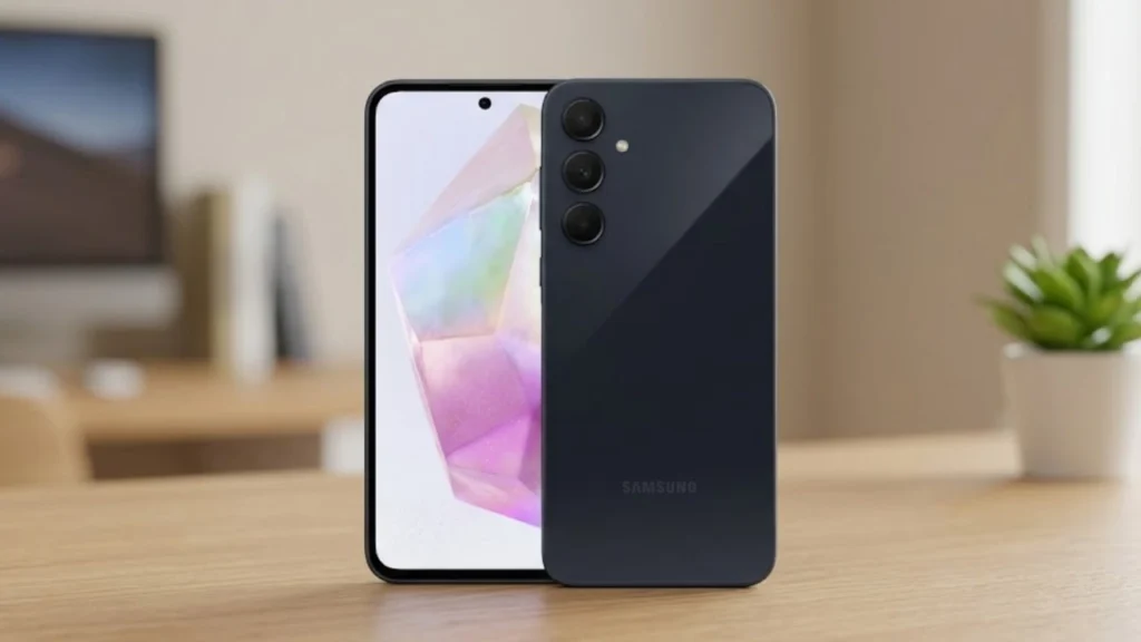 Uma foto em close-up de dois smartphones Samsung Galaxy A35 (vistas frontal e traseira) sobre uma mesa de madeira de carvalho claro em um ambiente de escritório moderno desfocado.