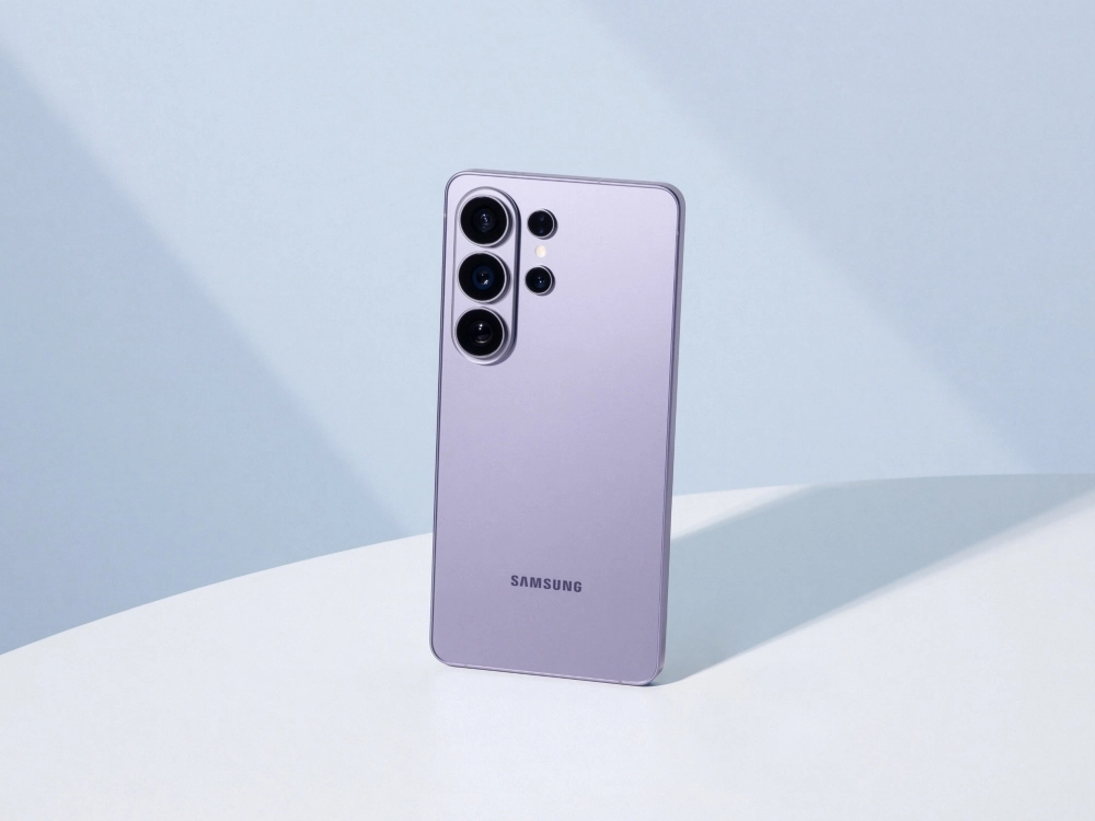 Fotografia da traseira de um smartphone Samsung Galaxy S26 na cor violeta apoiado sobre uma superfície branca. O aparelho será um dos primeiros modelos da marca a receber o sistema One UI 9 e Android 17.
