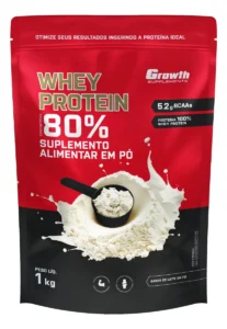 Embalagem em sachê do suplemento Growth Supplements Whey Protein Concentrado 80% sabor leite em pó (1kg), classificado entre os melhores whey protein em 2026. A embalagem vermelha e preta destaca a oferta de 5,2g de BCAAs e traz a ilustração de um scoop (medidor) preto com pó branco sobre um respingo de leite.
