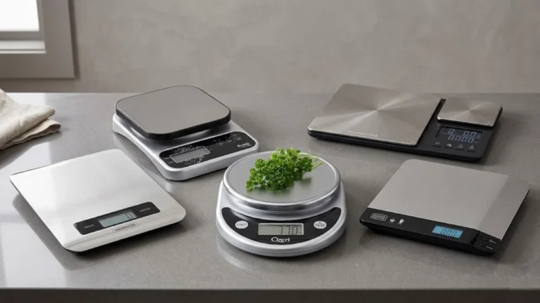 Fotografia de cinco modelos de balanças digitais organizados sobre uma bancada cinza, ilustrando o comparativo para ajudar a escolher a melhor balança de cozinha.